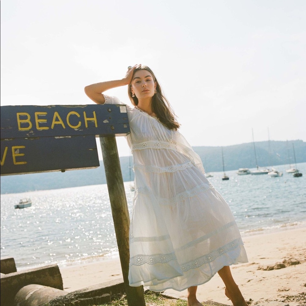 Kinga Csilla White Cotton Eyelet Tiered Lace boho Maxi Dress